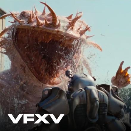 A large pink amphibious creature jumping out of some water towards an armoured man. There is the VFX Voice logo in the bottom left corner. 